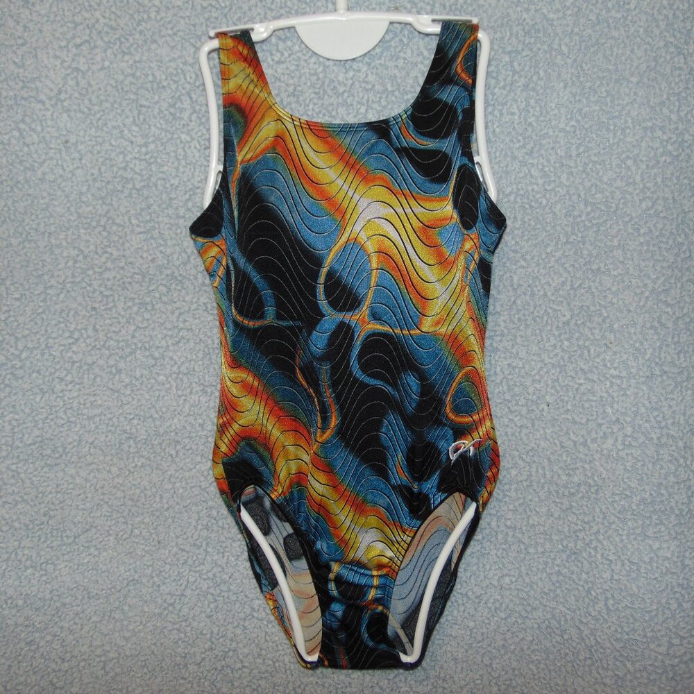 GK Blue Black Yellow Orange Contours Leotard NoTag